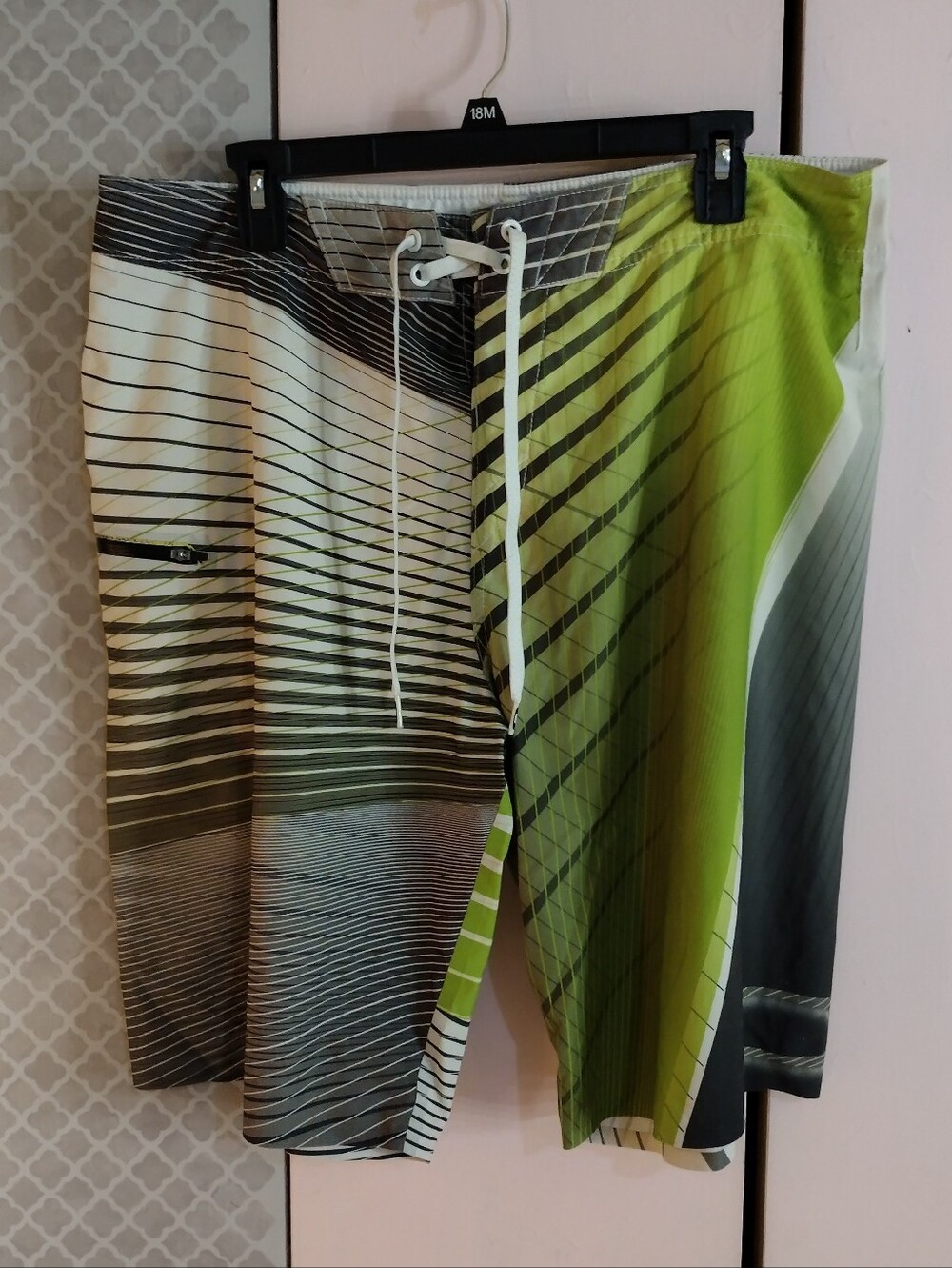 Men's Lime Green & Gray Striped Swim Trunks